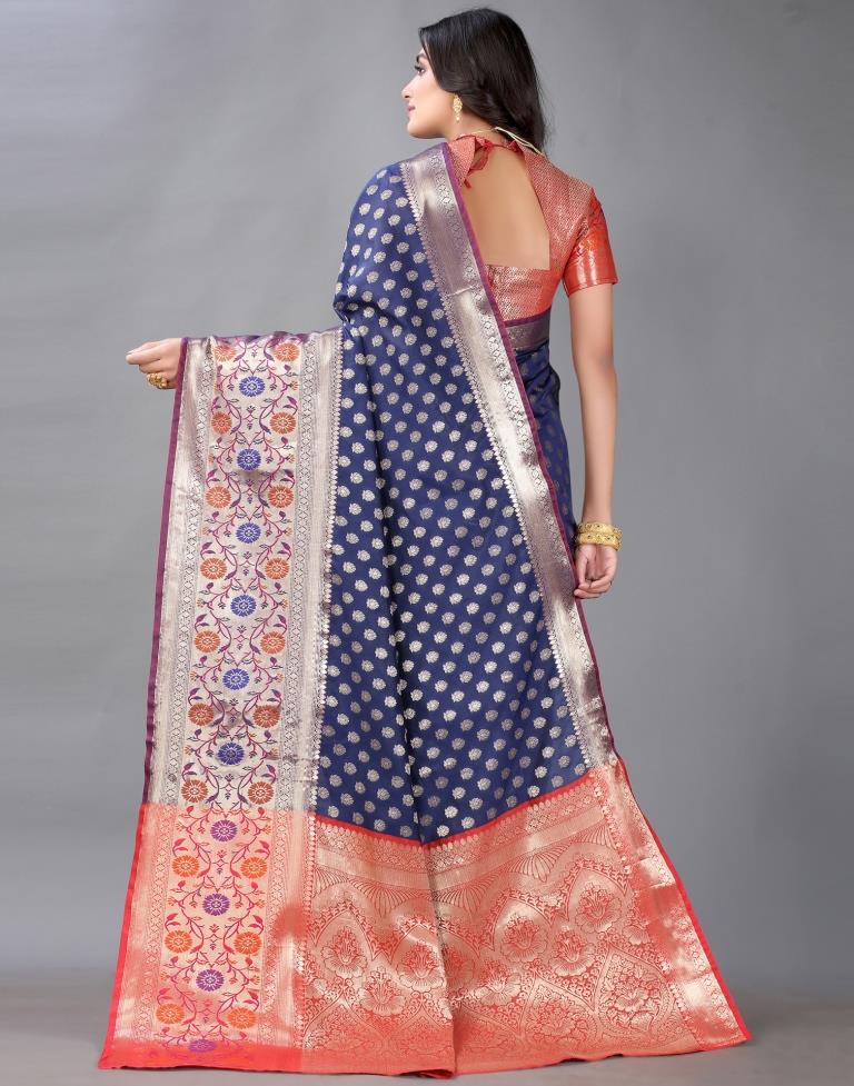 Navy Blue And Golden Silk Saree