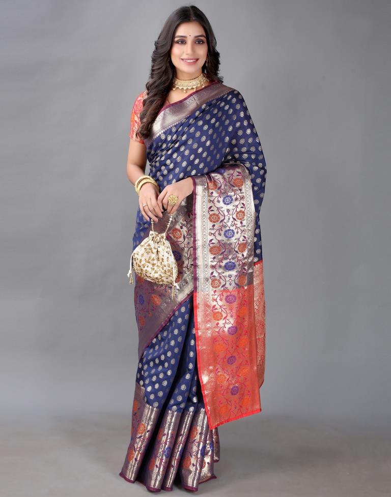 Navy Blue And Golden Silk Saree