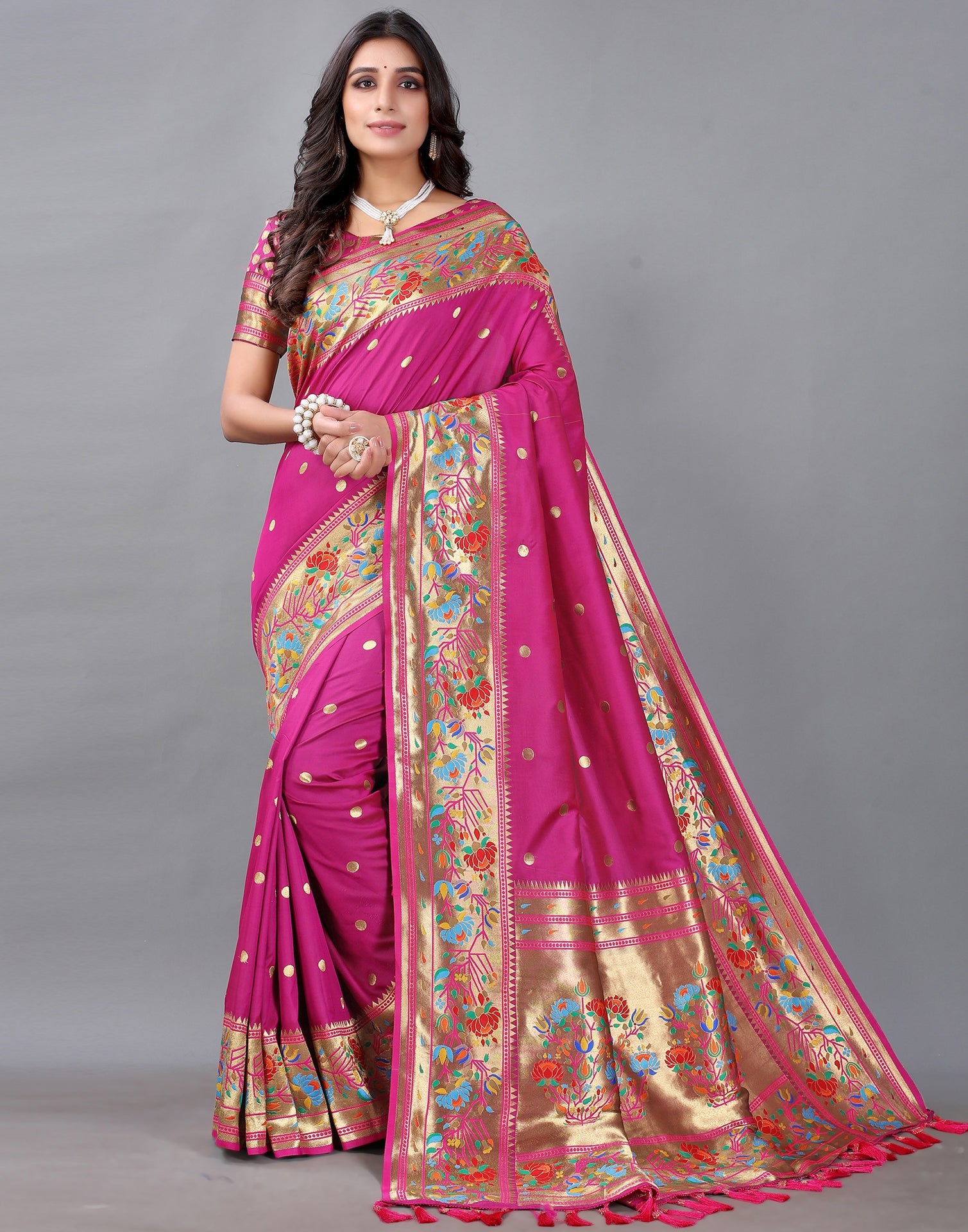 Rani Pink And Golden Silk Saree