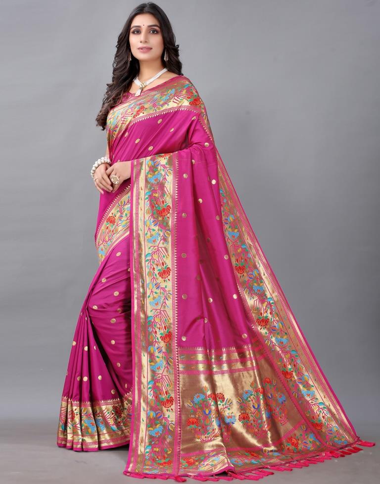 Rani Pink And Golden Silk Saree
