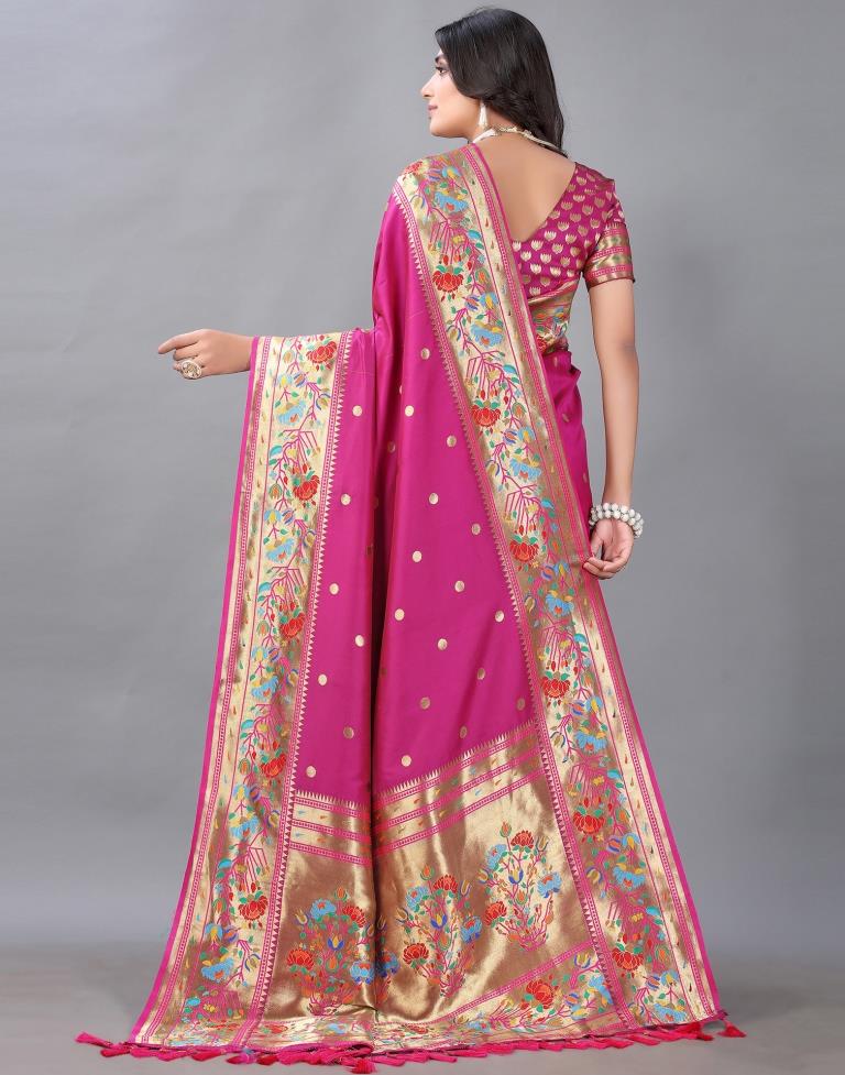 Rani Pink And Golden Silk Saree