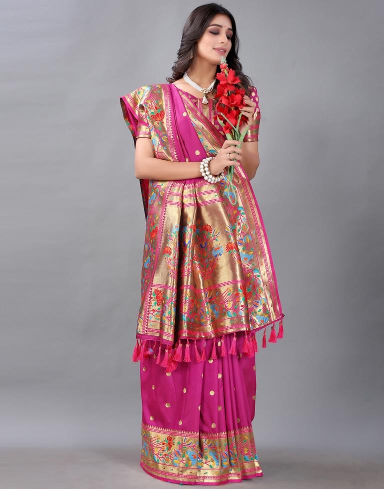 Rani Pink And Golden Silk Saree