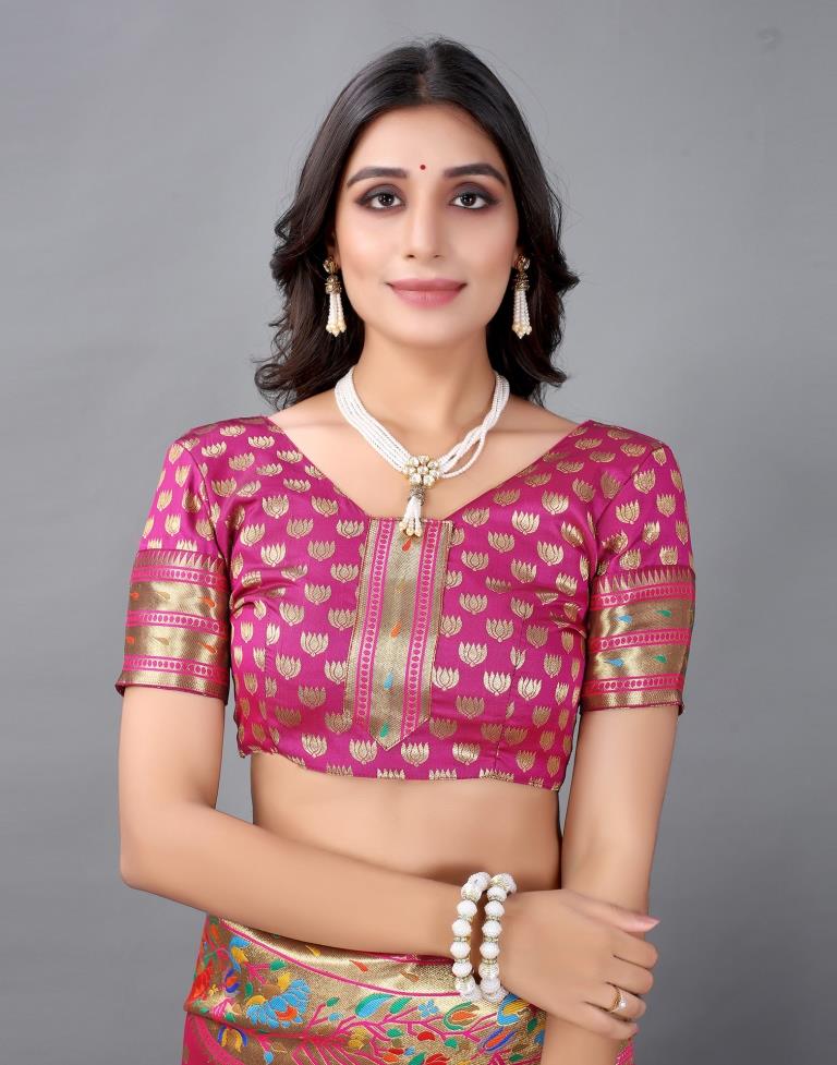 Rani Pink And Golden Silk Saree