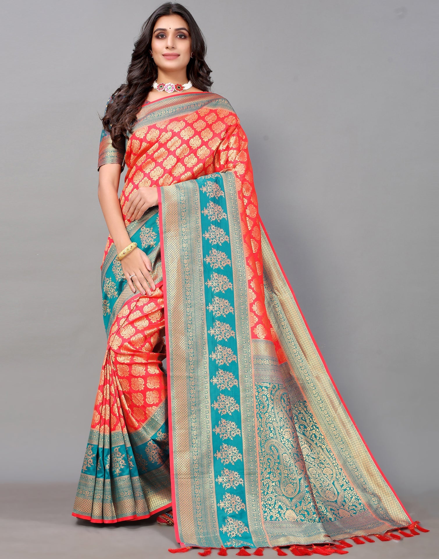Coral And Golden Silk Saree