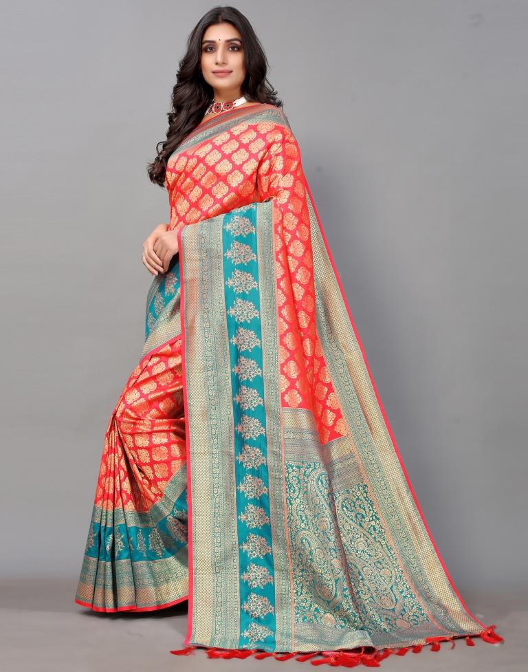 Coral And Golden Silk Saree