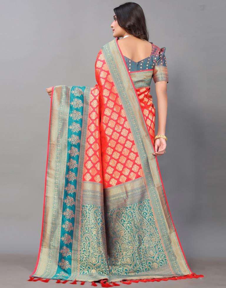 Coral And Golden Silk Saree