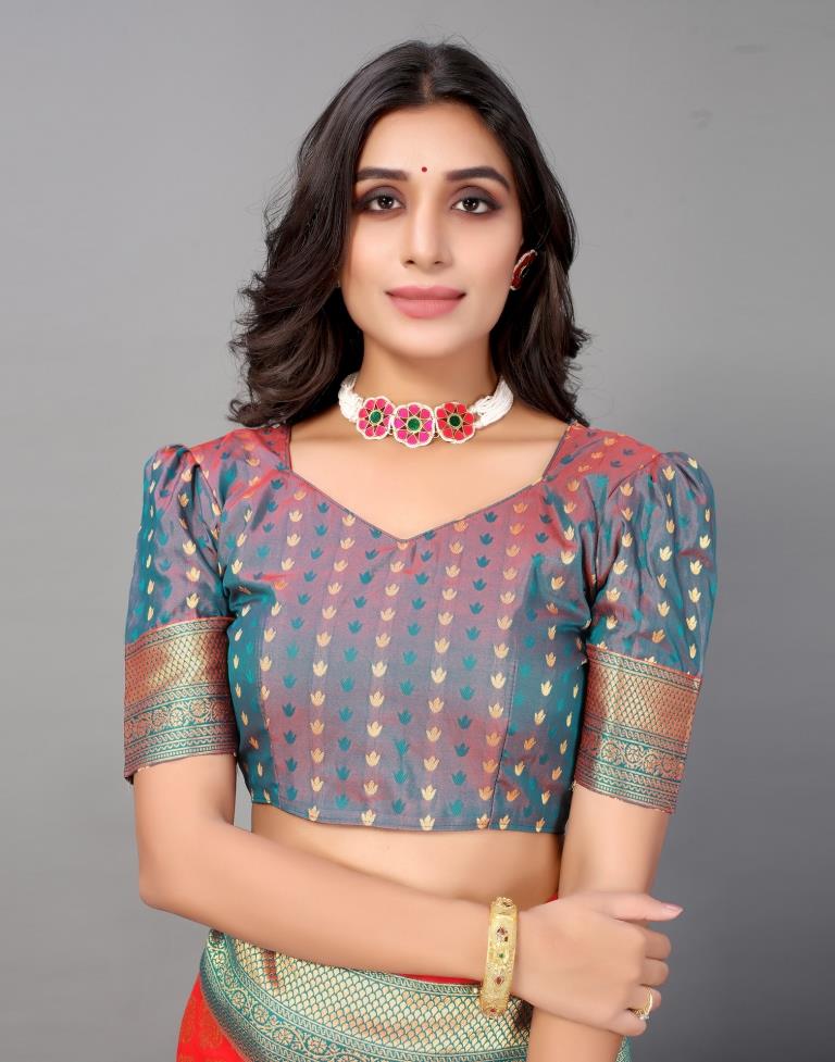 Coral And Golden Silk Saree