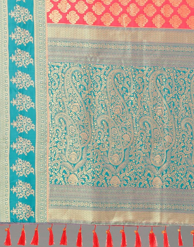 Coral And Golden Silk Saree