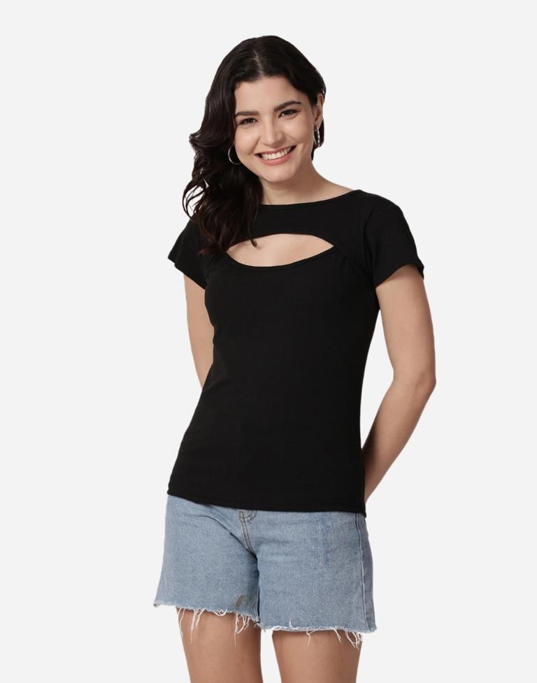 Black Colored Lycra Knitted Top | SLV242TK5021