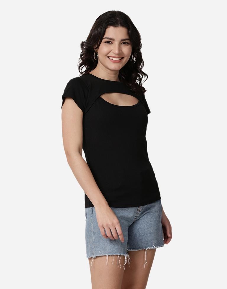 Black Colored Lycra Knitted Top | SLV242TK5021