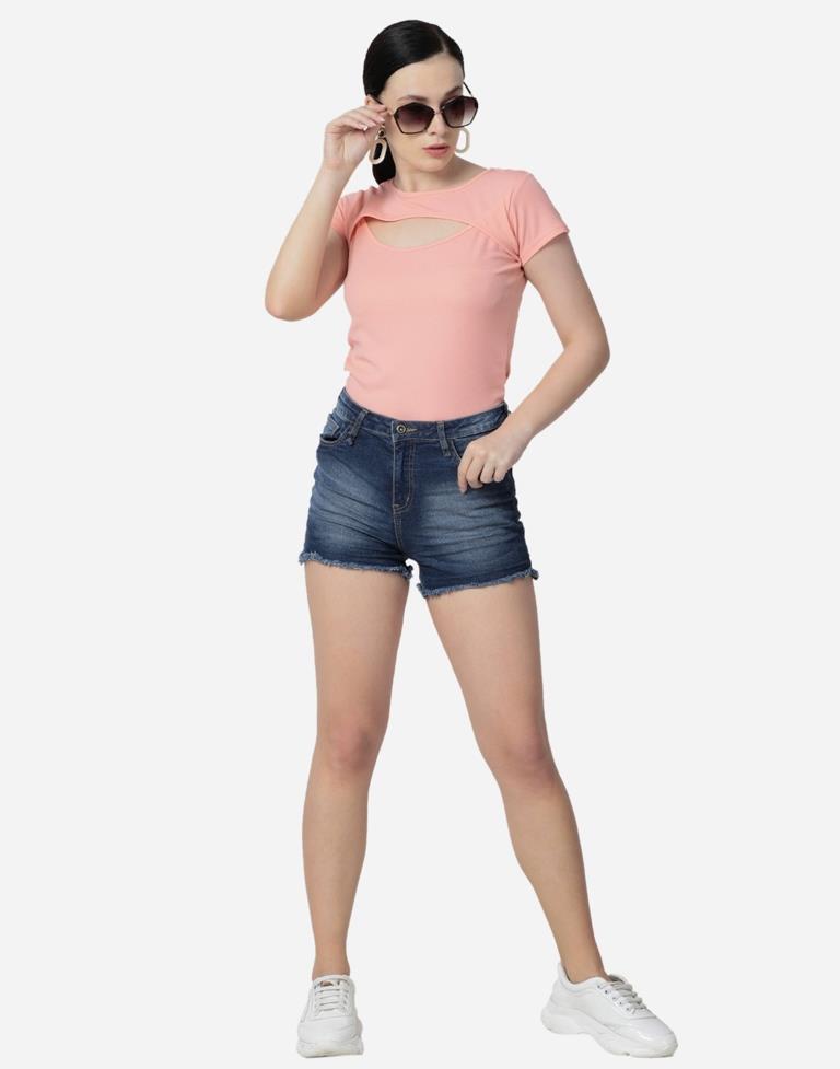 Peach Colored Lycra Knitted Top | SLV242TK5023