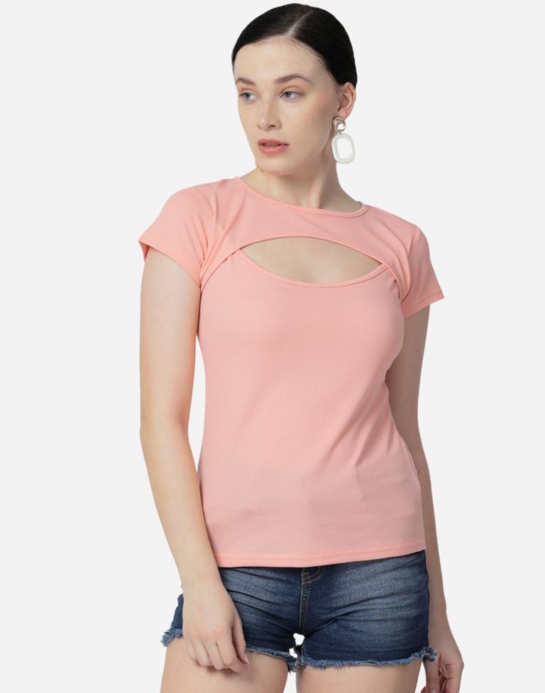 Peach Colored Lycra Knitted Top | SLV242TK5023