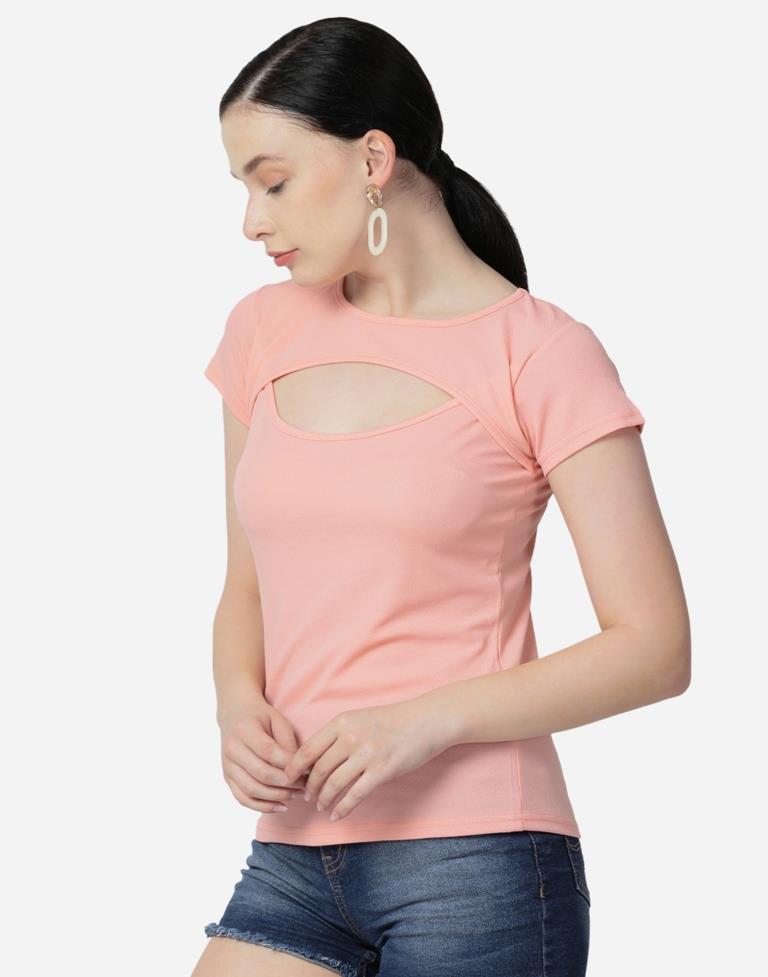 Peach Colored Lycra Knitted Top | SLV242TK5023