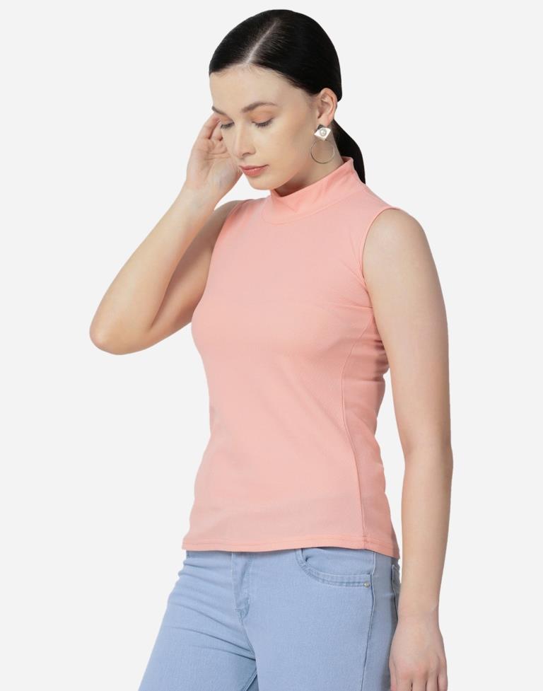 Peach Colored Lycra Knitted Top | SLV242TK5027