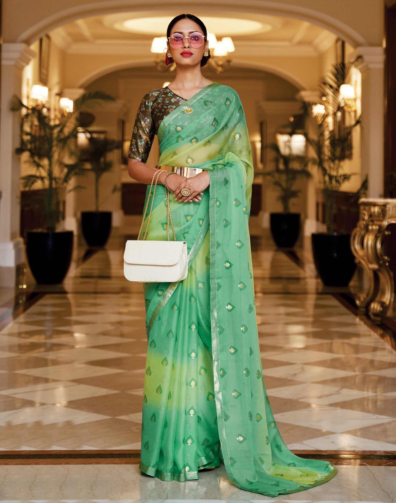 Light Green And Light Yellow Chiffon Saree