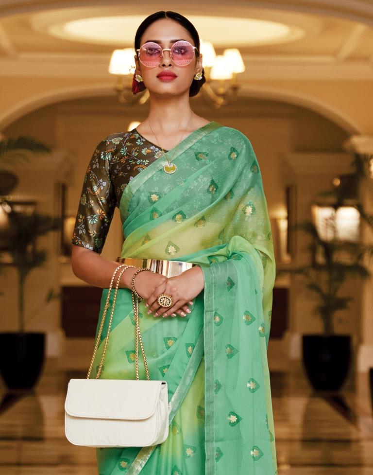 Light Green And Light Yellow Chiffon Saree