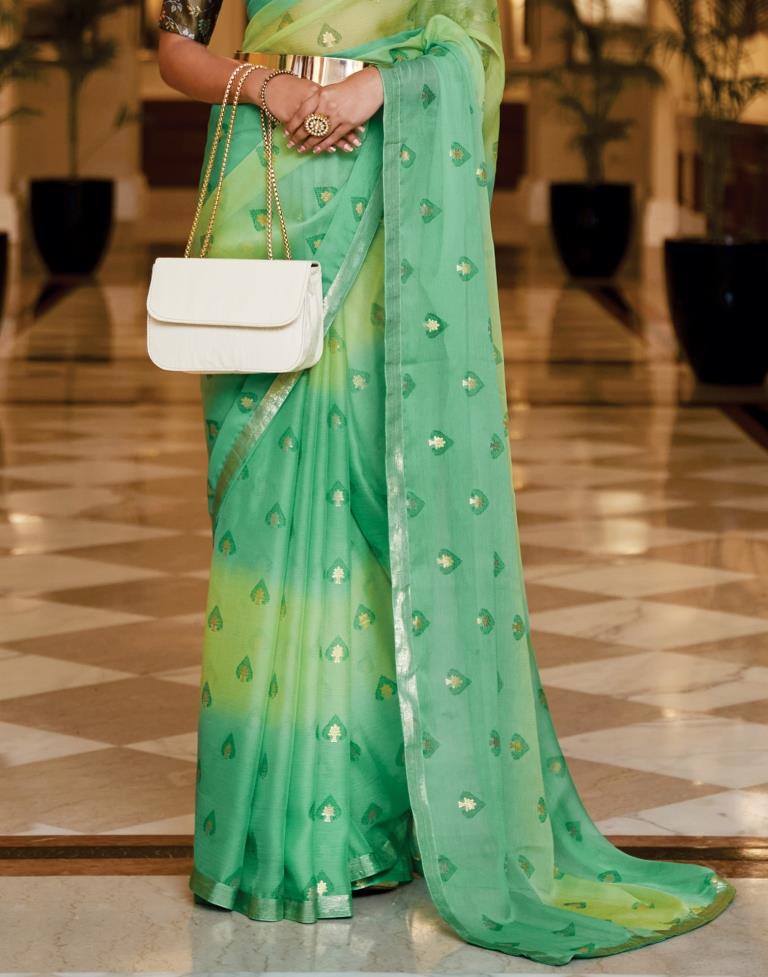 Light Green And Light Yellow Chiffon Saree