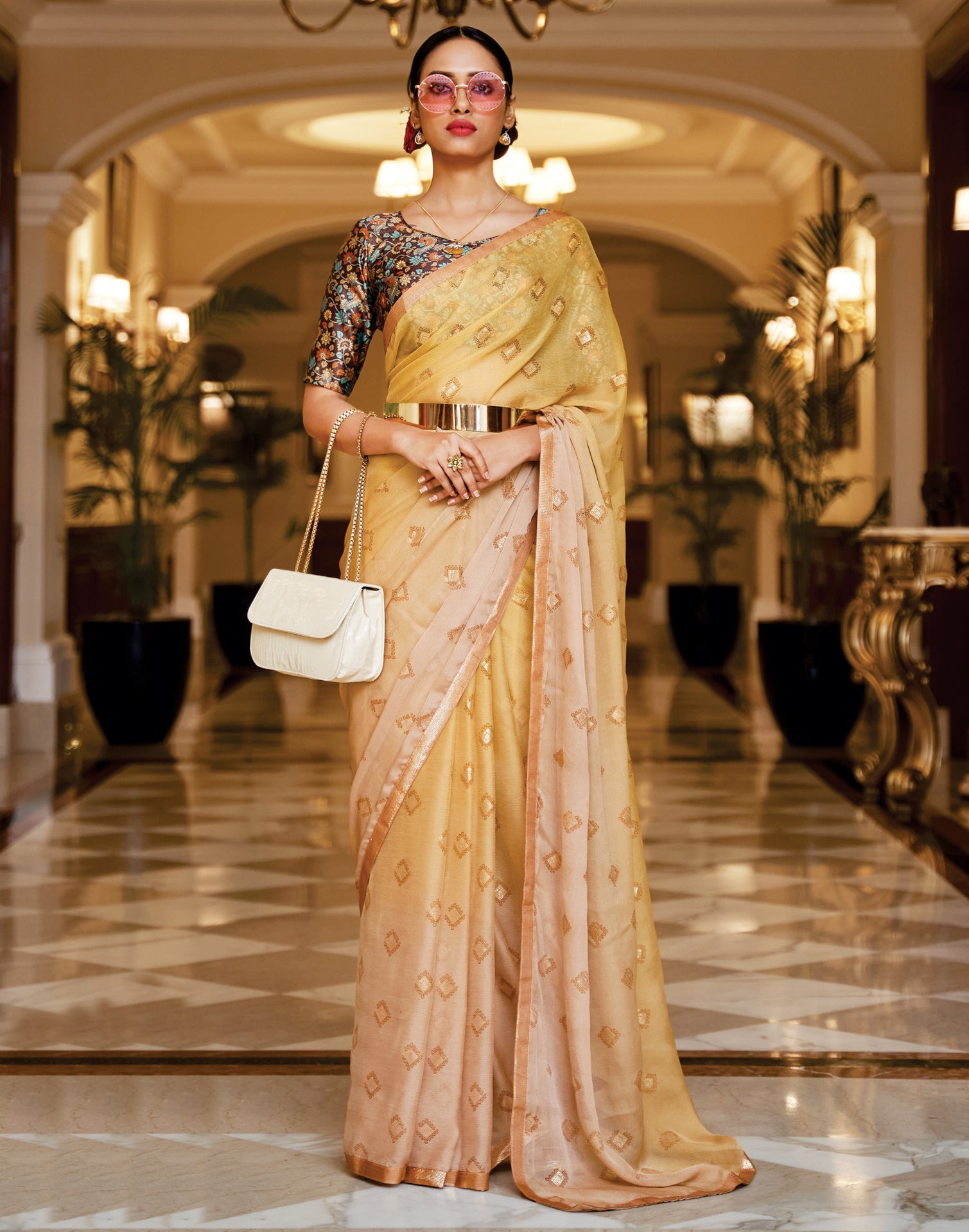Light Brown And Golden Chiffon Saree