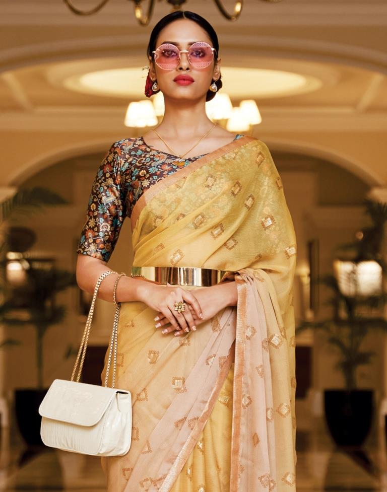 Light Brown And Golden Chiffon Saree
