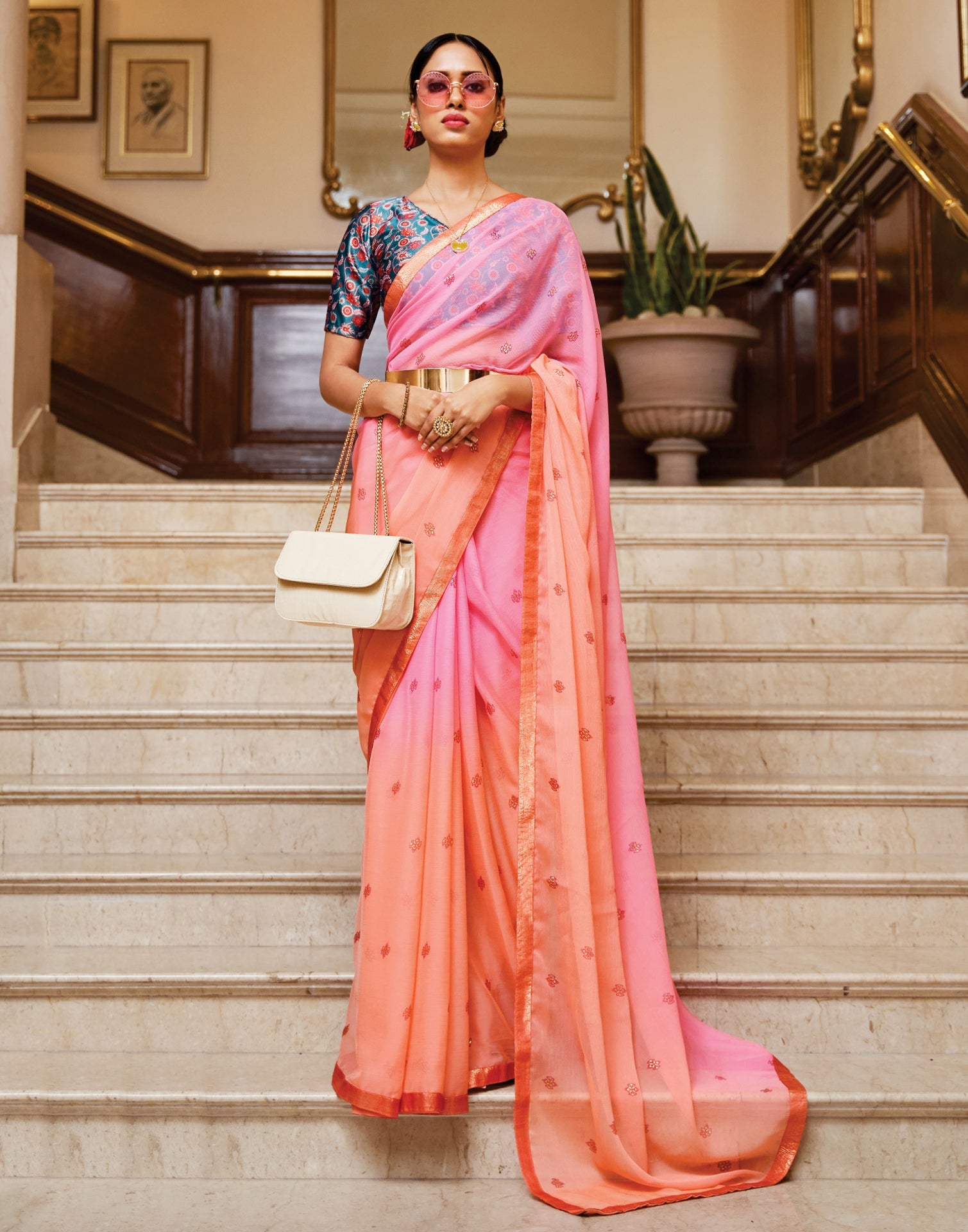 Peach And Pink Chiffon Saree