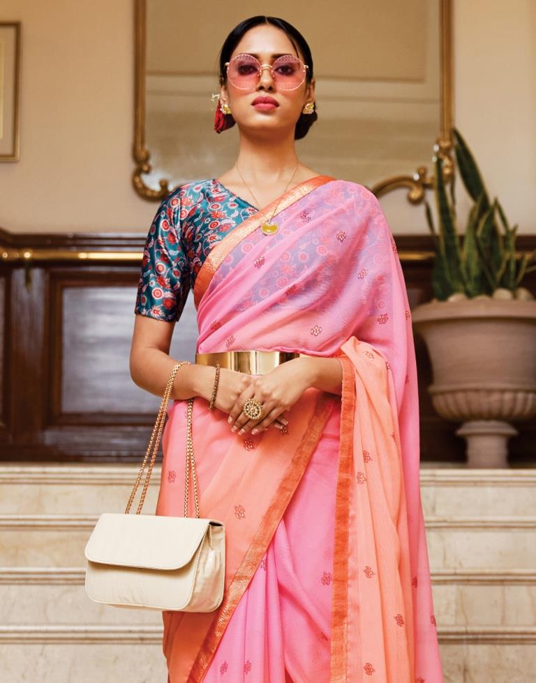Peach And Pink Chiffon Saree