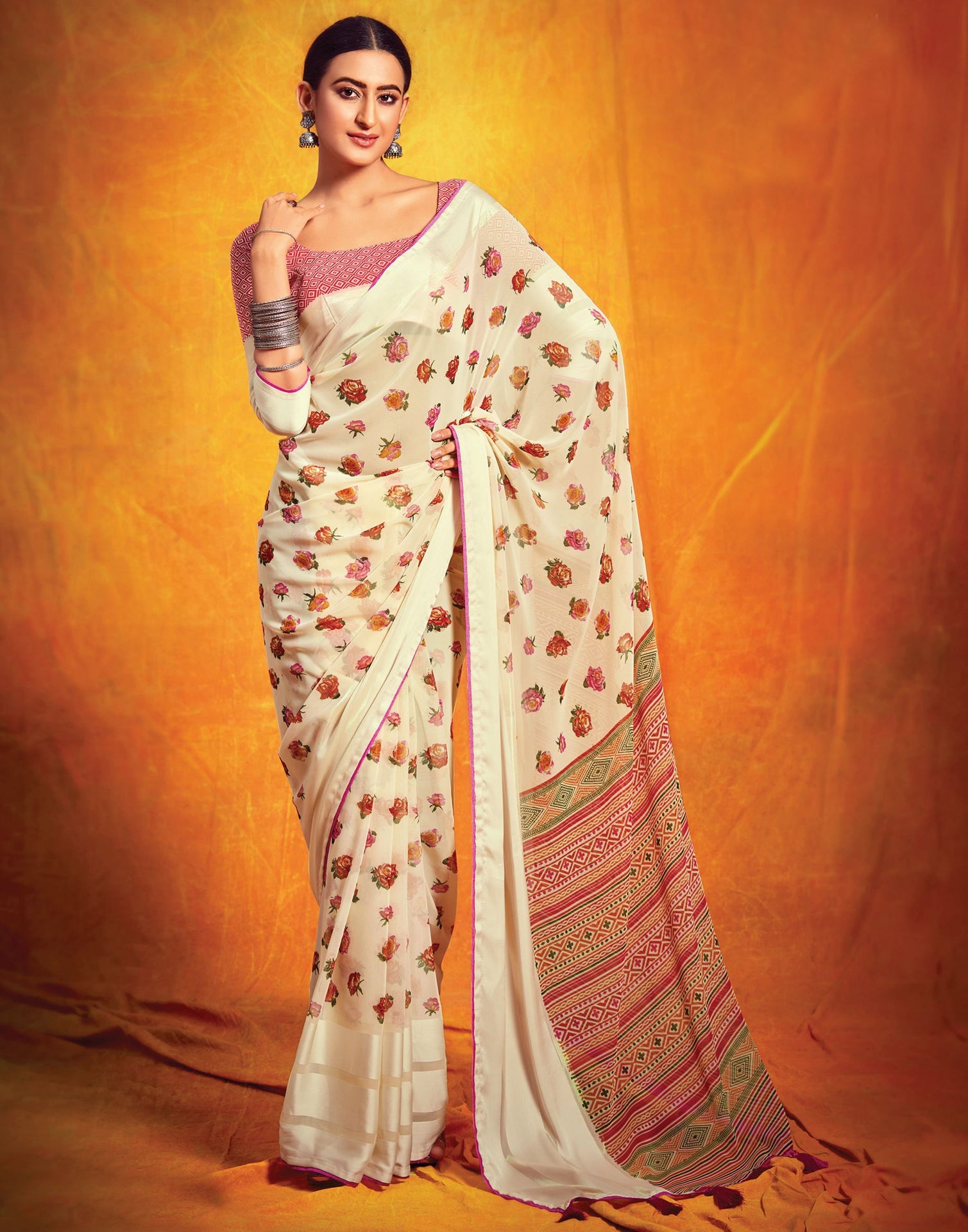 Cream And Multicolored Georgette Saree
