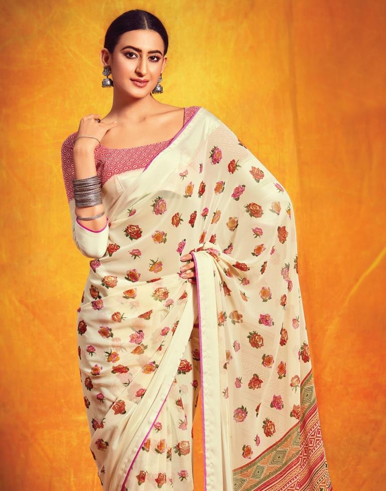 Cream And Multicolored Georgette Saree