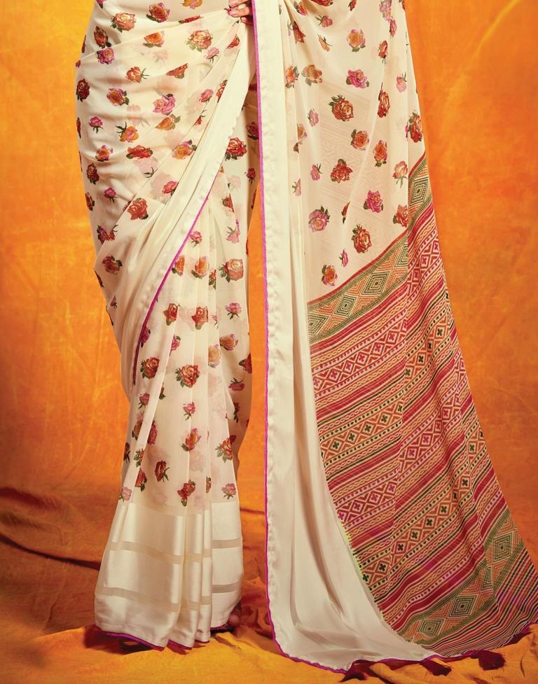 Cream And Multicolored Georgette Saree