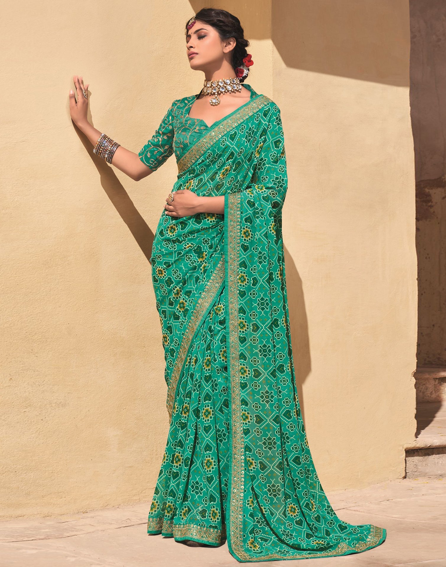 Light Aqua Green And Multicolored Georgette Saree