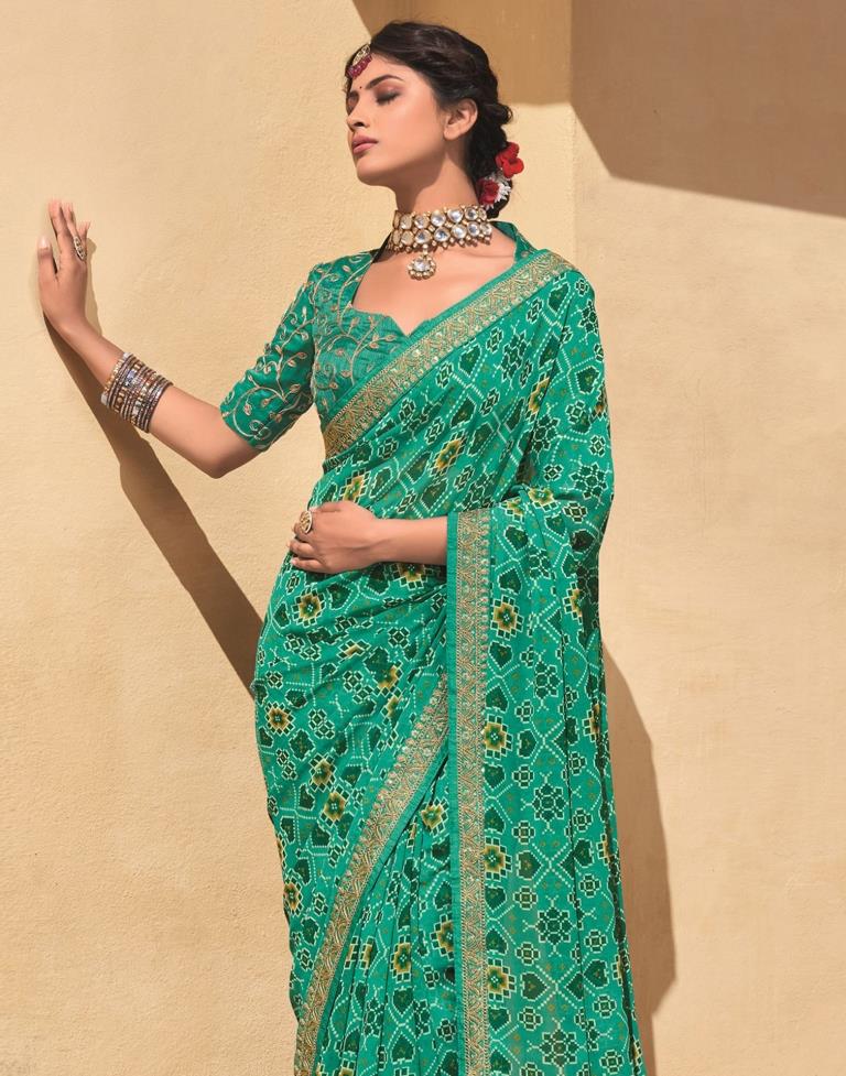 Light Aqua Green And Multicolored Georgette Saree