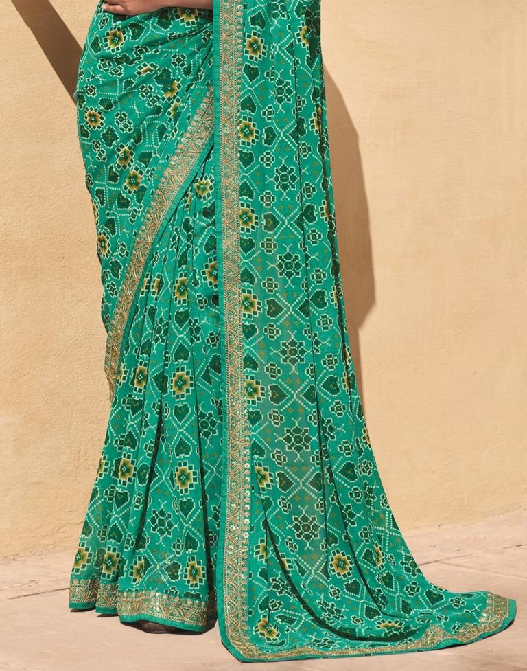 Light Aqua Green And Multicolored Georgette Saree