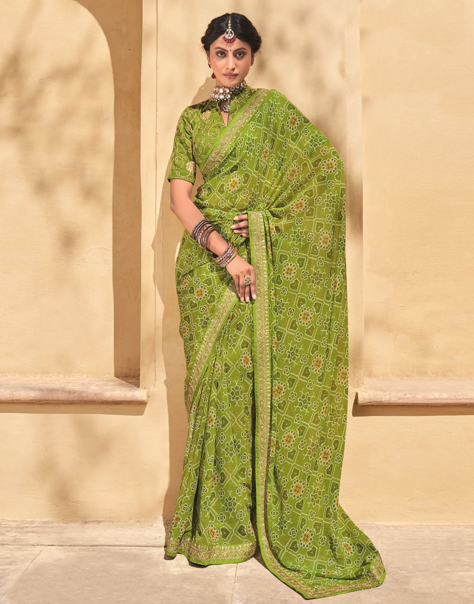 Parrot Green And Multicolored Georgette Saree