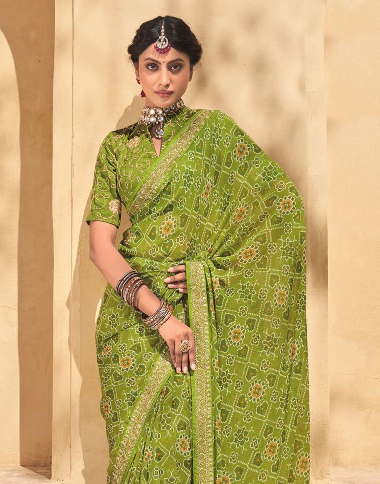Parrot Green And Multicolored Georgette Saree