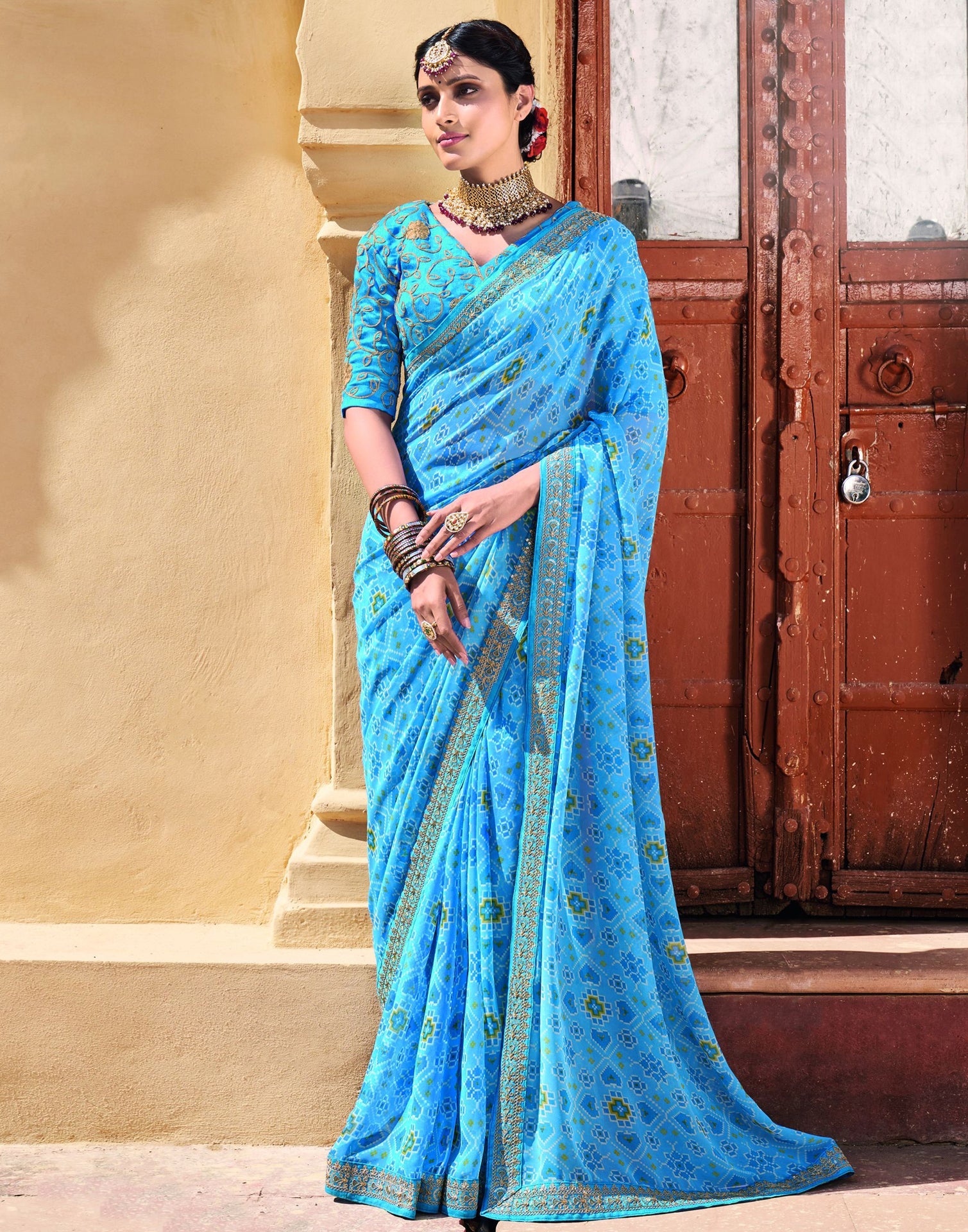 Sky Blue And Multicolored Georgette Saree