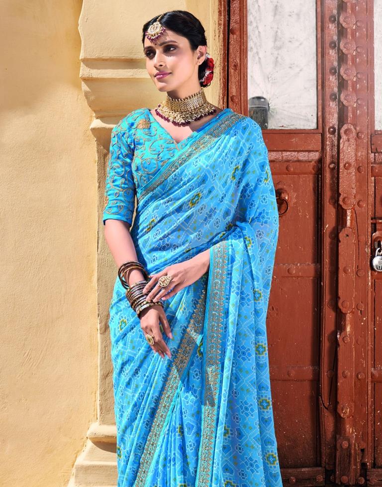 Sky Blue And Multicolored Georgette Saree