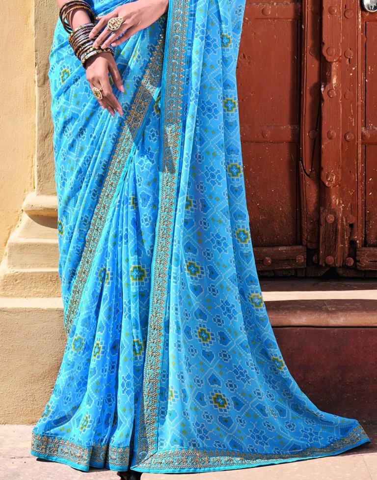 Sky Blue And Multicolored Georgette Saree
