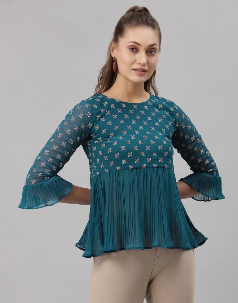 Teal Colored Georgette Printed Top | SLV255TK4083