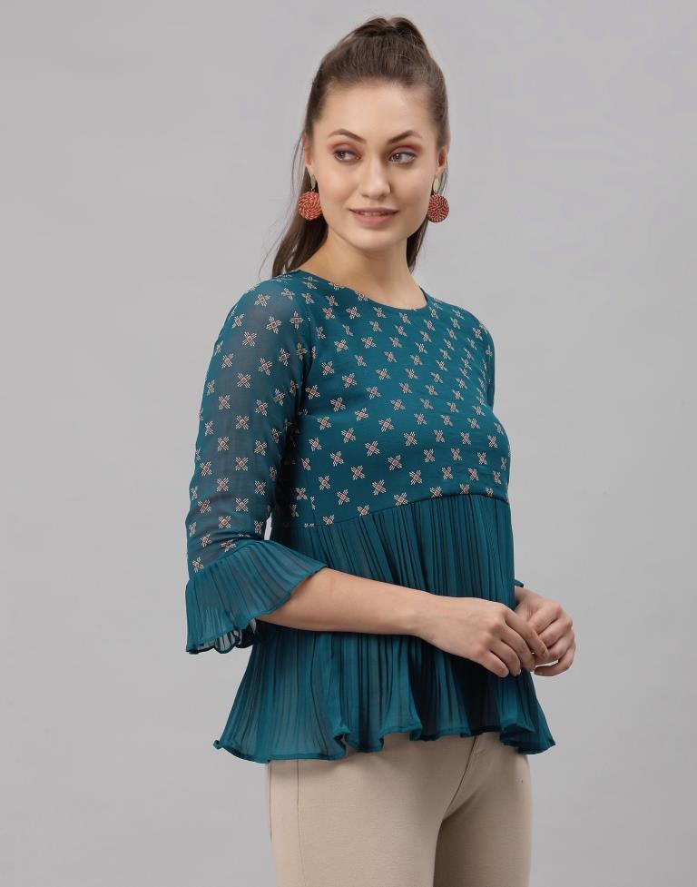 Teal Colored Georgette Printed Top | SLV255TK4083