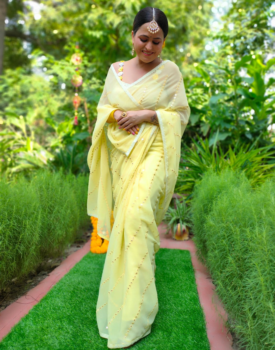 Lemon Yellow Georgette Saree