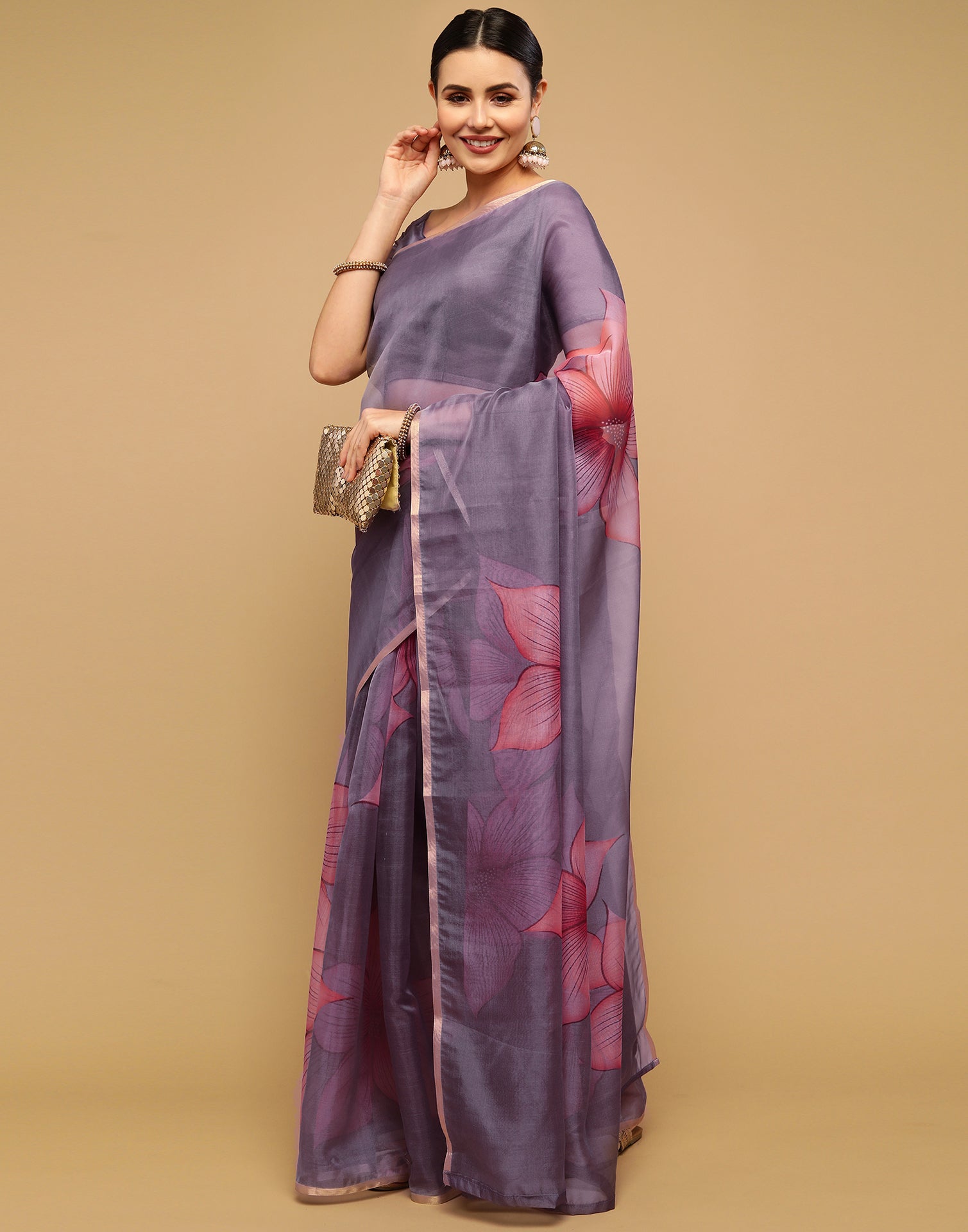Grey And Light Pink Organza Saree