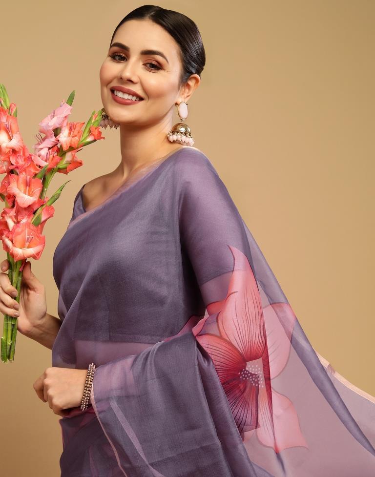Grey And Light Pink Organza Saree