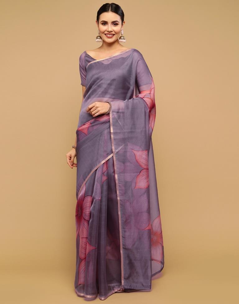 Grey And Light Pink Organza Saree