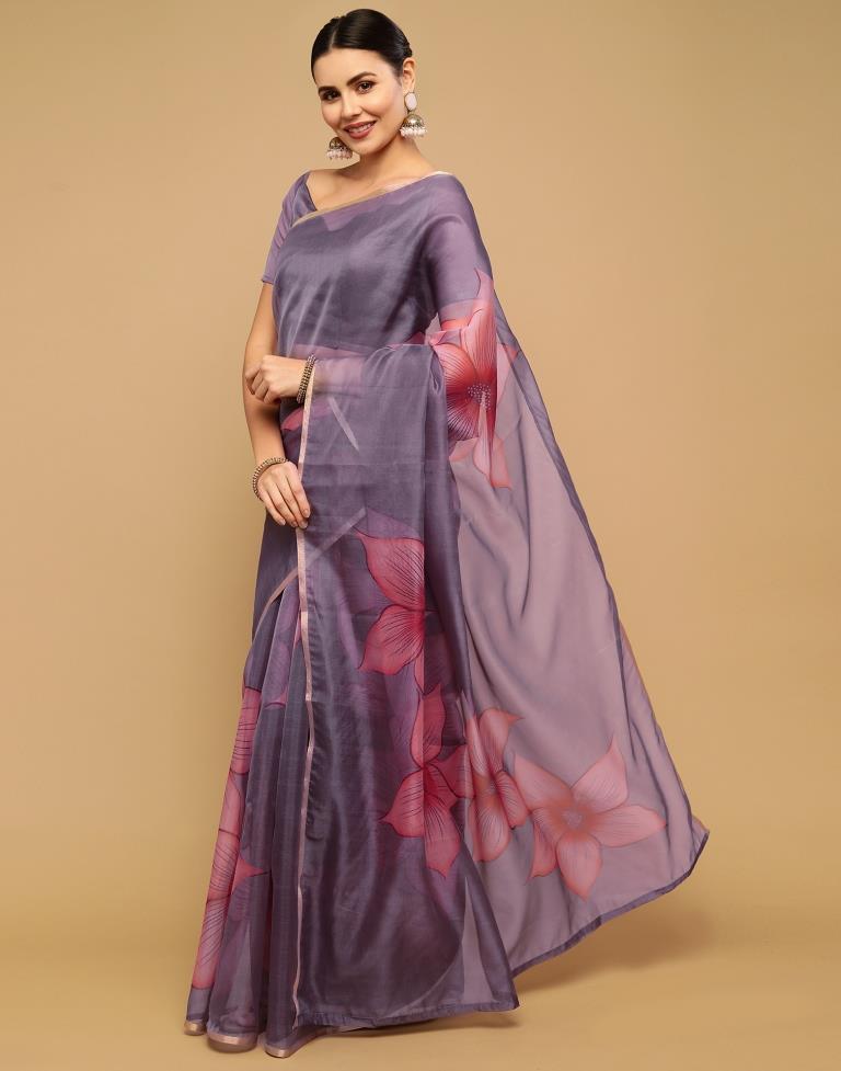 Grey And Light Pink Organza Saree