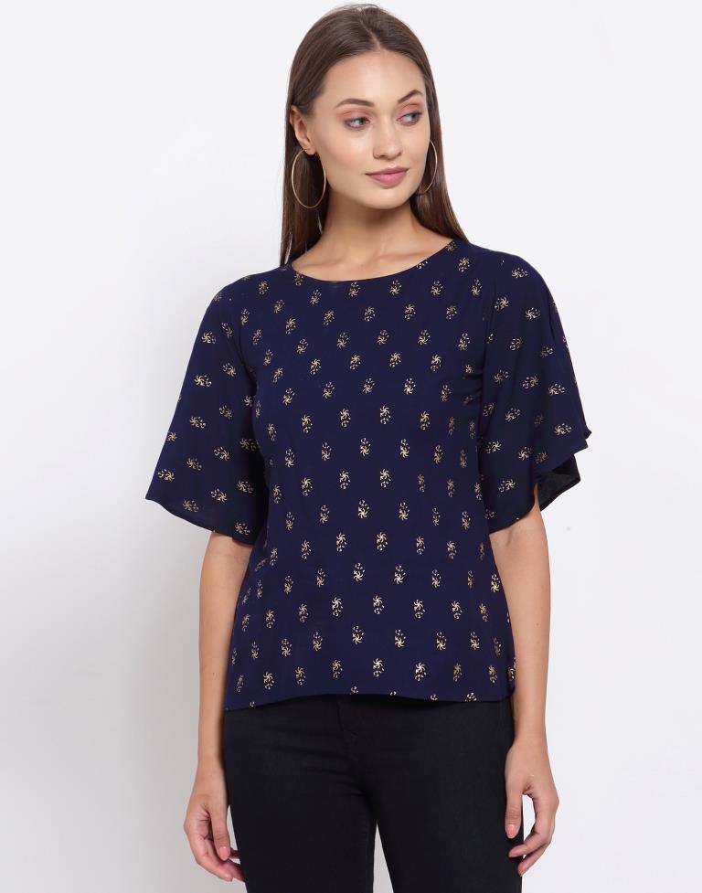 Navy Blue Printed Rayon Top | SLV296TK5081