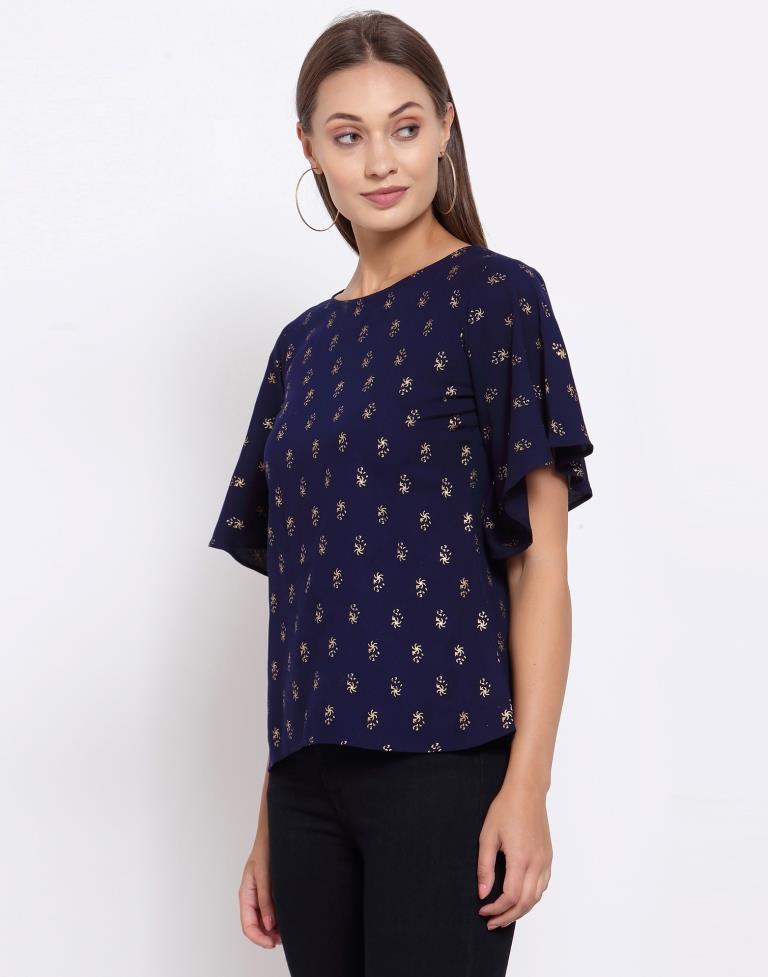 Navy Blue Printed Rayon Top | SLV296TK5081