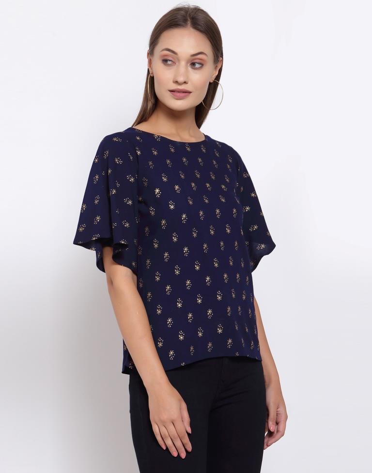 Navy Blue Printed Rayon Top | SLV296TK5081