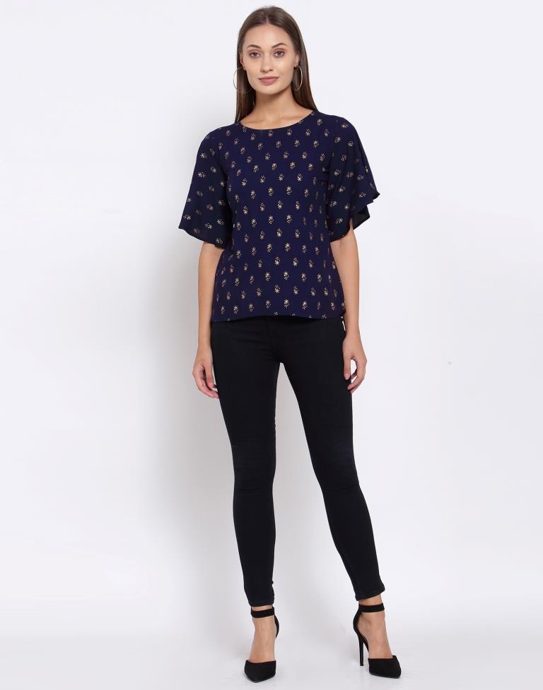 Navy Blue Printed Rayon Top | SLV296TK5081