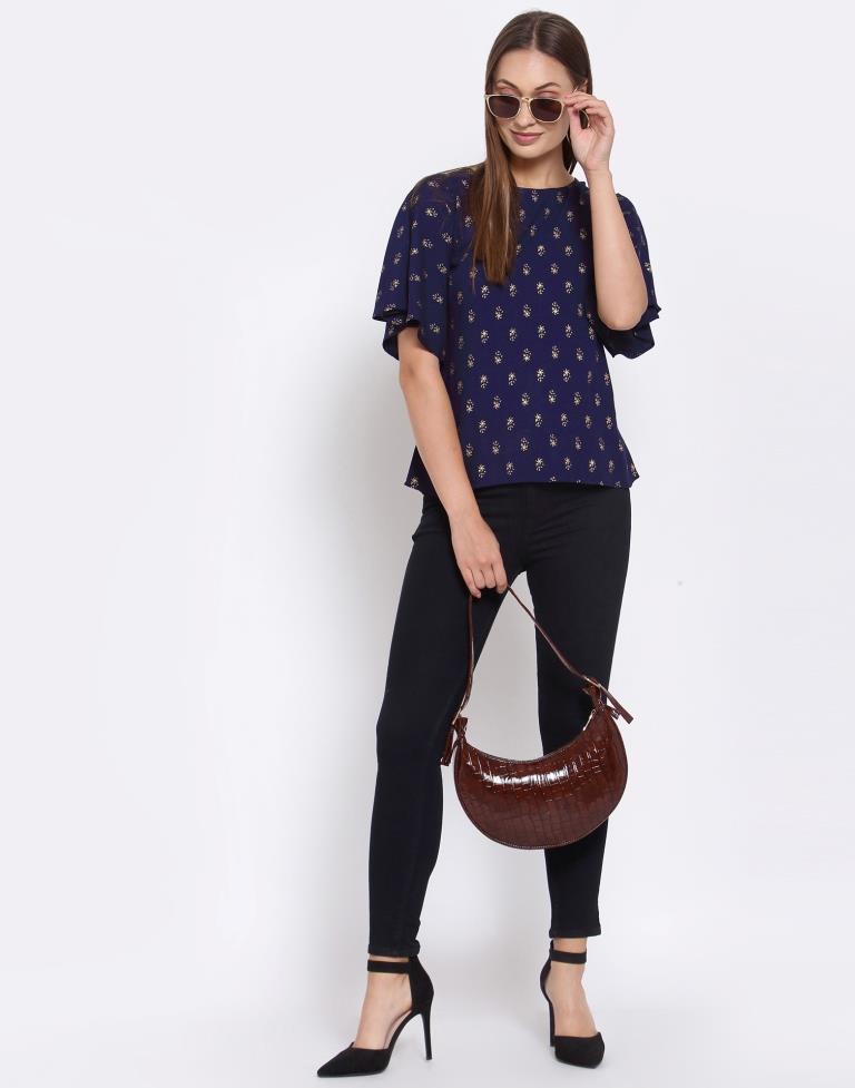 Navy Blue Printed Rayon Top | SLV296TK5081