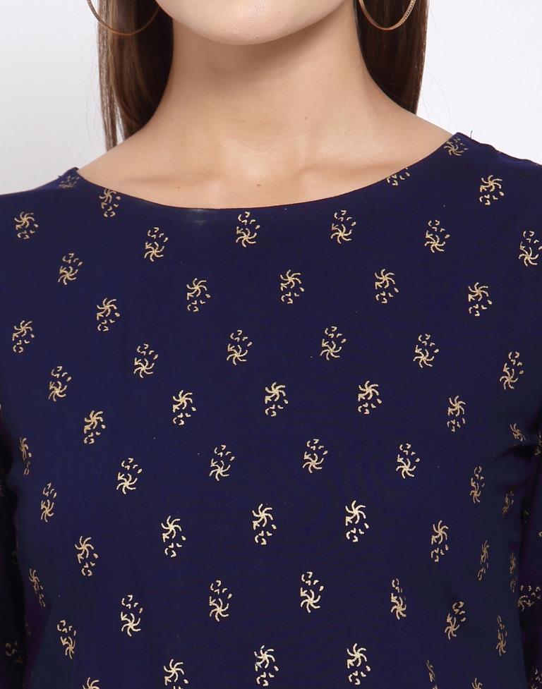 Navy Blue Printed Rayon Top | SLV296TK5081