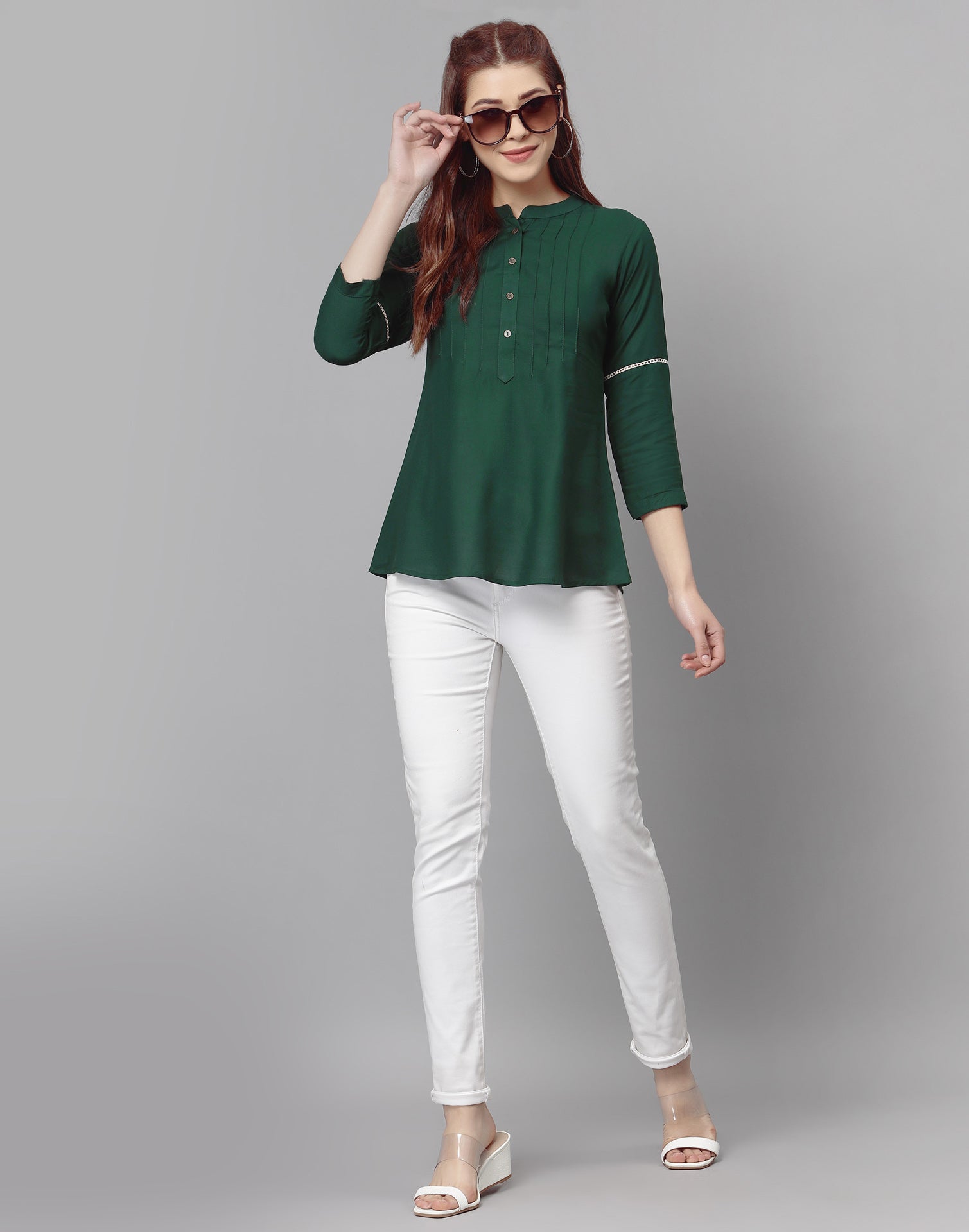 Bottle Green Pleated Tops